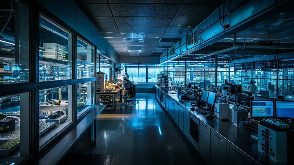 an expansive, high-tech research laboratory filled with advanced climate modeling equipment and data displays, illuminated by sharp artificial lighting, showcasing scientists engaged in deep analysis of earth's glacial periods.