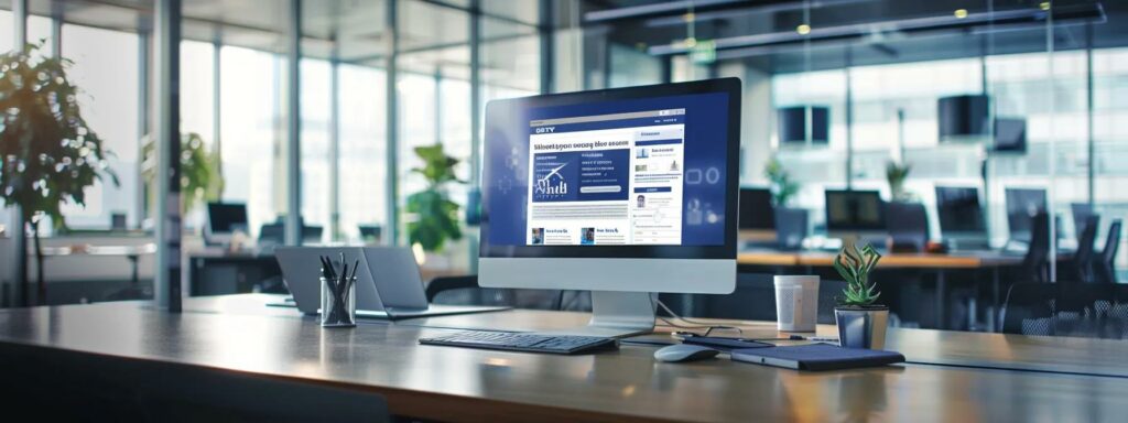 a modern office setting featuring a sleek computer screen displaying an engaging facebook business page template, surrounded by motivational business visuals and a vibrant, organized workspace that embodies digital marketing success.