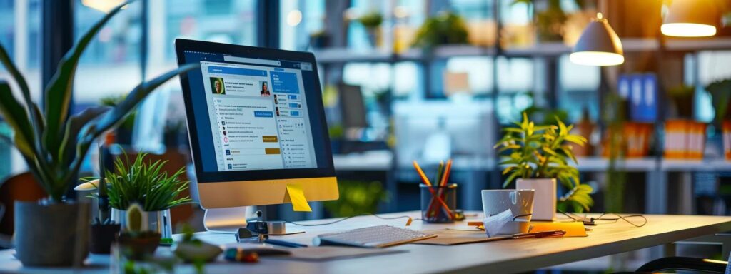 a modern office workspace showcases a sleek computer screen displaying a meticulously designed facebook business page, surrounded by engaging graphics and a vibrant, organizational atmosphere that emphasizes effective written content optimization.