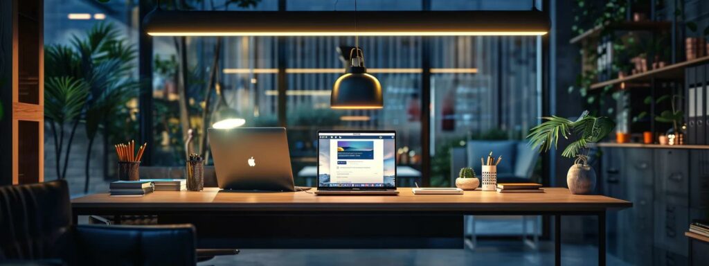 a sleek, modern office workspace is illuminated by dynamic overhead lighting, showcasing a well-organized desk with a laptop open to a vibrant facebook business page, surrounded by visual elements of successful marketing strategies and engaging content.