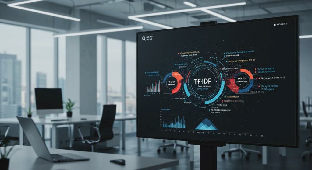 a sleek, modern office workspace features a large digital screen displaying a colorful, dynamic infographic of the tf-idf algorithm, with data visualizations and keywords illuminating the importance of term frequency against a backdrop of minimalistic design and soft artificial lighting.