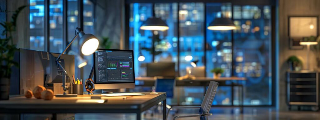 a dynamic office workspace features a modern, sleek computer setup displaying detailed software quality assurance metrics, illuminated by sharp overhead lighting that highlights the high-tech atmosphere.
