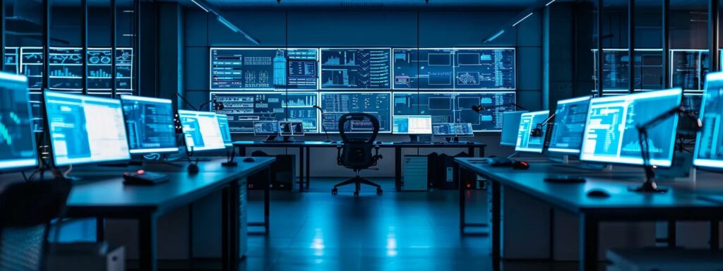 a modern office environment showcases a sleek workspace with multiple computer screens displaying complex software testing algorithms, illuminated by cool blue tones, highlighting the synergy between ai technology and quality assurance.