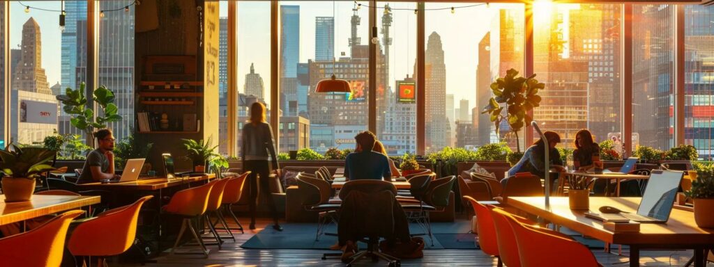 a vibrant coworking space bustling with digital nomads, showcasing modern workstations and laptops set against an urban skyline, emphasizing the freedom and creativity of the remote work lifestyle.