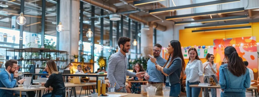 a vibrant, modern office space filled with colorful posters and interactive displays about serotonin and happiness, featuring a diverse group of engaged professionals collaborating around high-tech devices.