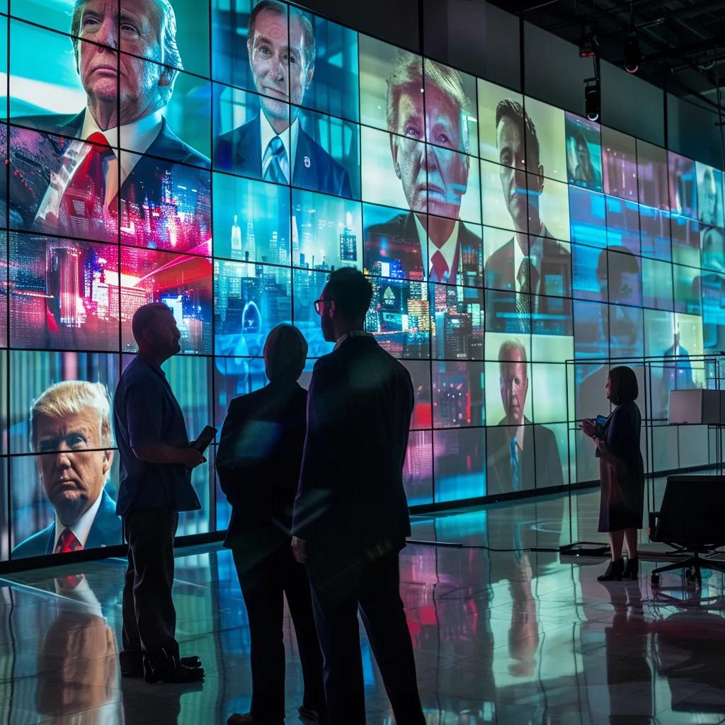 a high-tech office setting features a large screen displaying dynamically shifting deepfake images of political figures, casting an intriguing glow on focused observers analyzing the psychological impact of this digital manipulation.