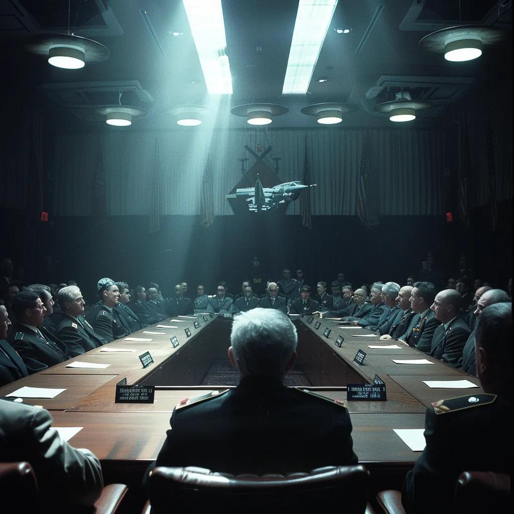 a tense conference room filled with military and political leaders, illuminated by harsh overhead lights, as a large screen displays a distorted deepfake video, showcasing the urgent discussions on the destabilizing impact of digital misinformation on global security.