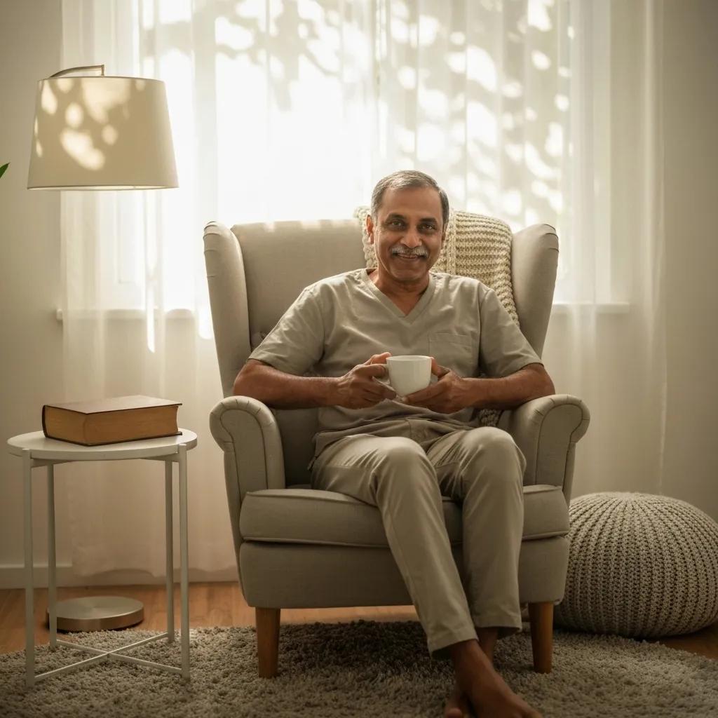 Caregiver enjoying a moment of self-care in a cozy setting, highlighting the importance of well-being