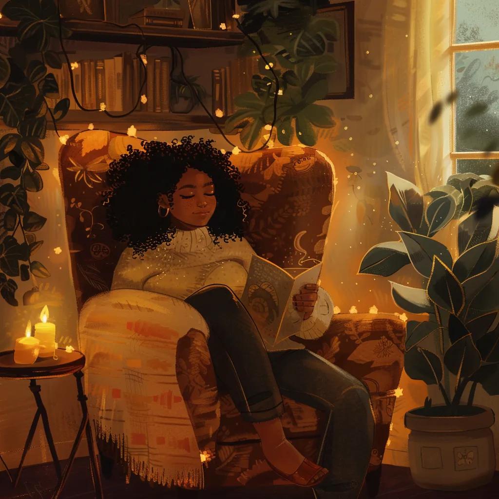 Caregiver enjoying a moment of self-care in a cozy setting