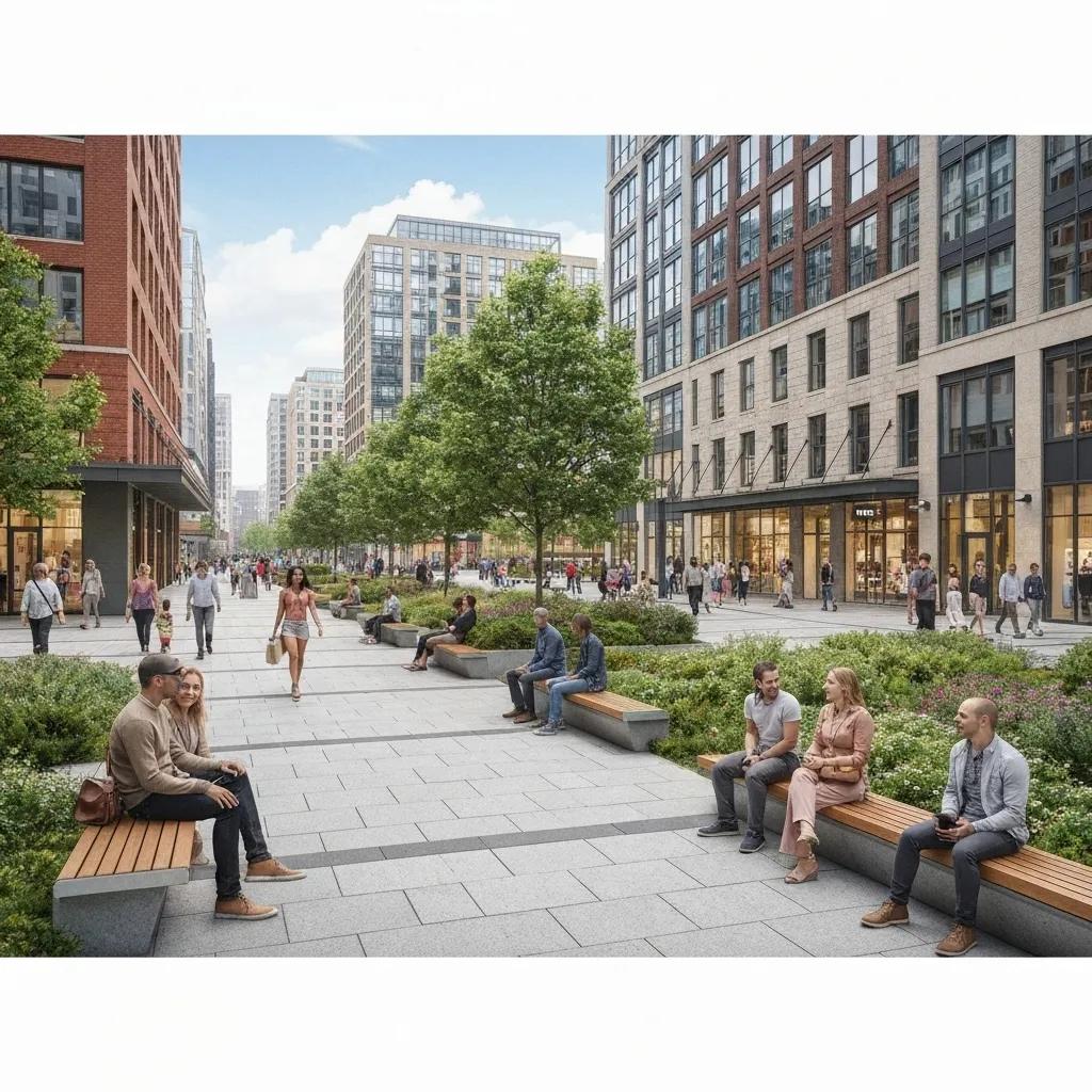 A dynamic urban environment showcasing mixed-use spaces that promote social interaction and community engagement