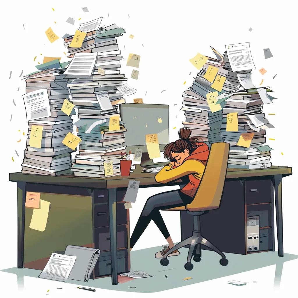 Overwhelmed employee at a desk illustrating the stress of workload compression