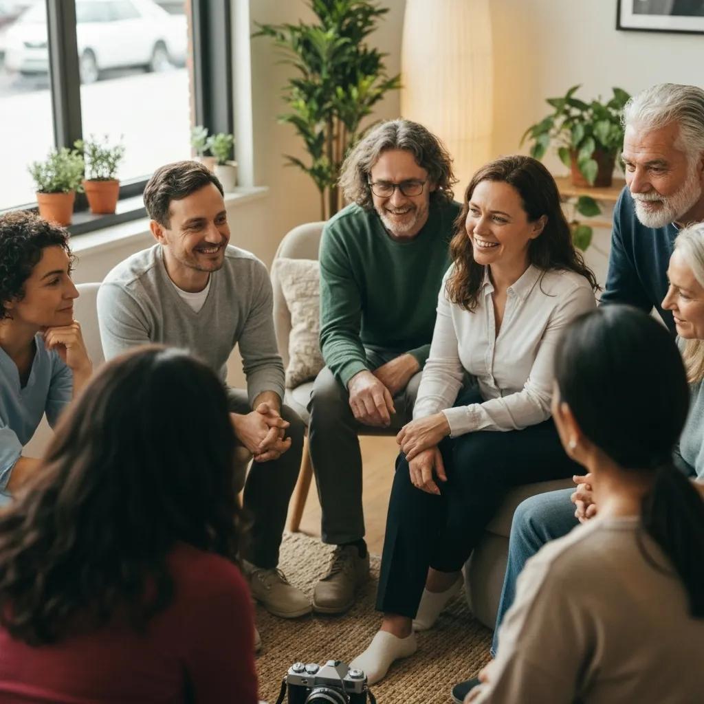 Caregivers in a supportive group discussion, illustrating the benefits of community and shared experiences in coping with burnout