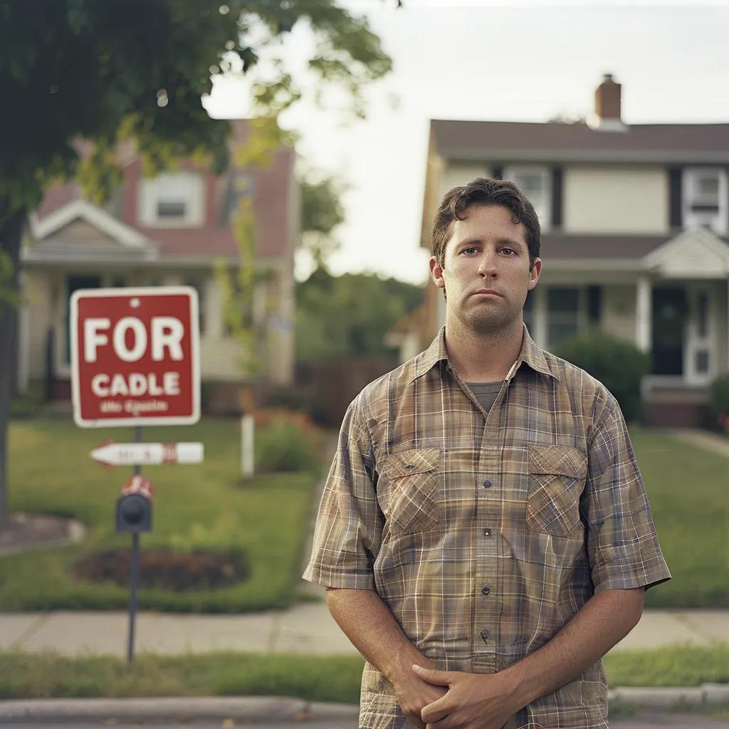 Worried homeowner in front of a 'For Sale' sign, representing the economic consequences of rising insurance costs