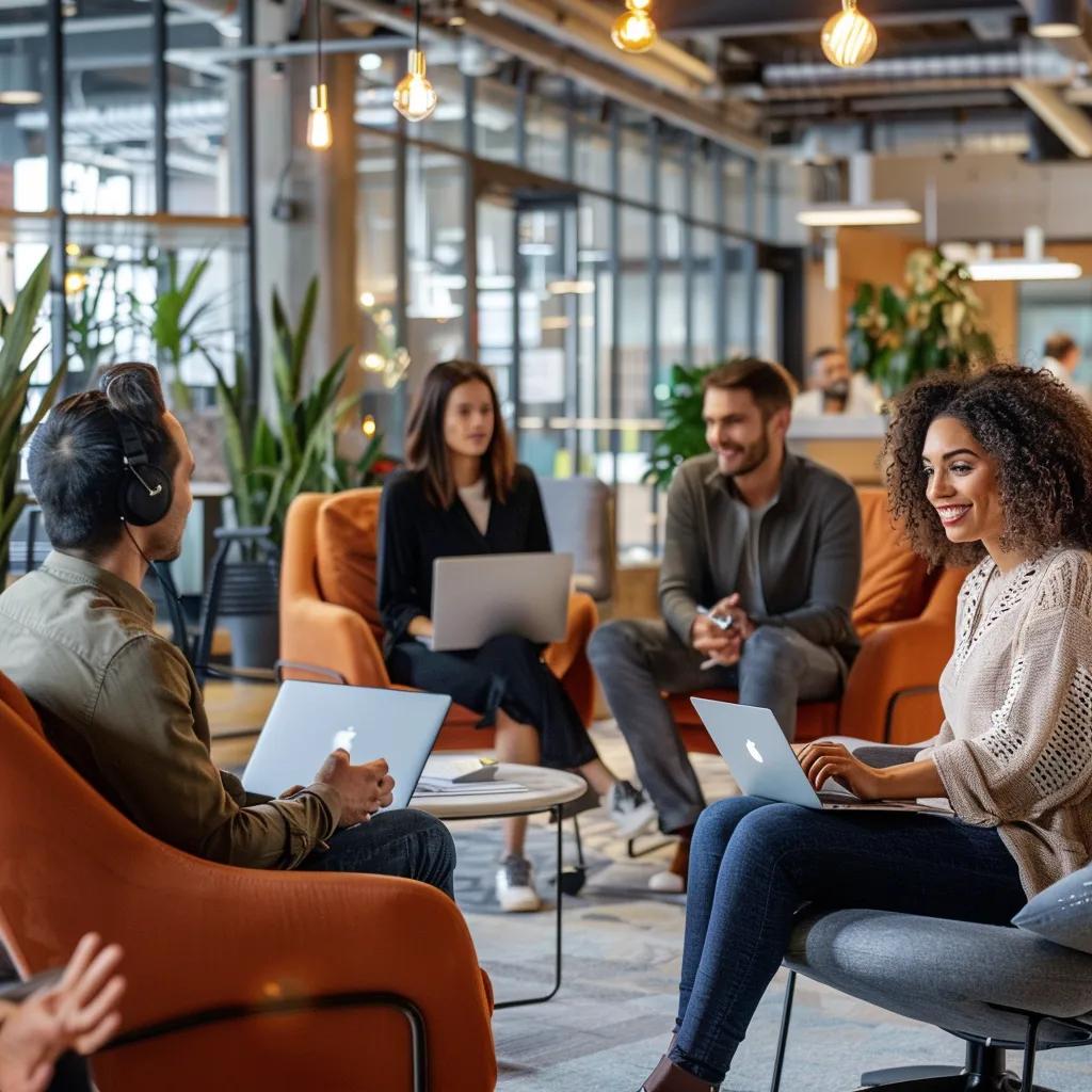 Diverse team collaborating in a modern office, emphasizing flexible work environments
