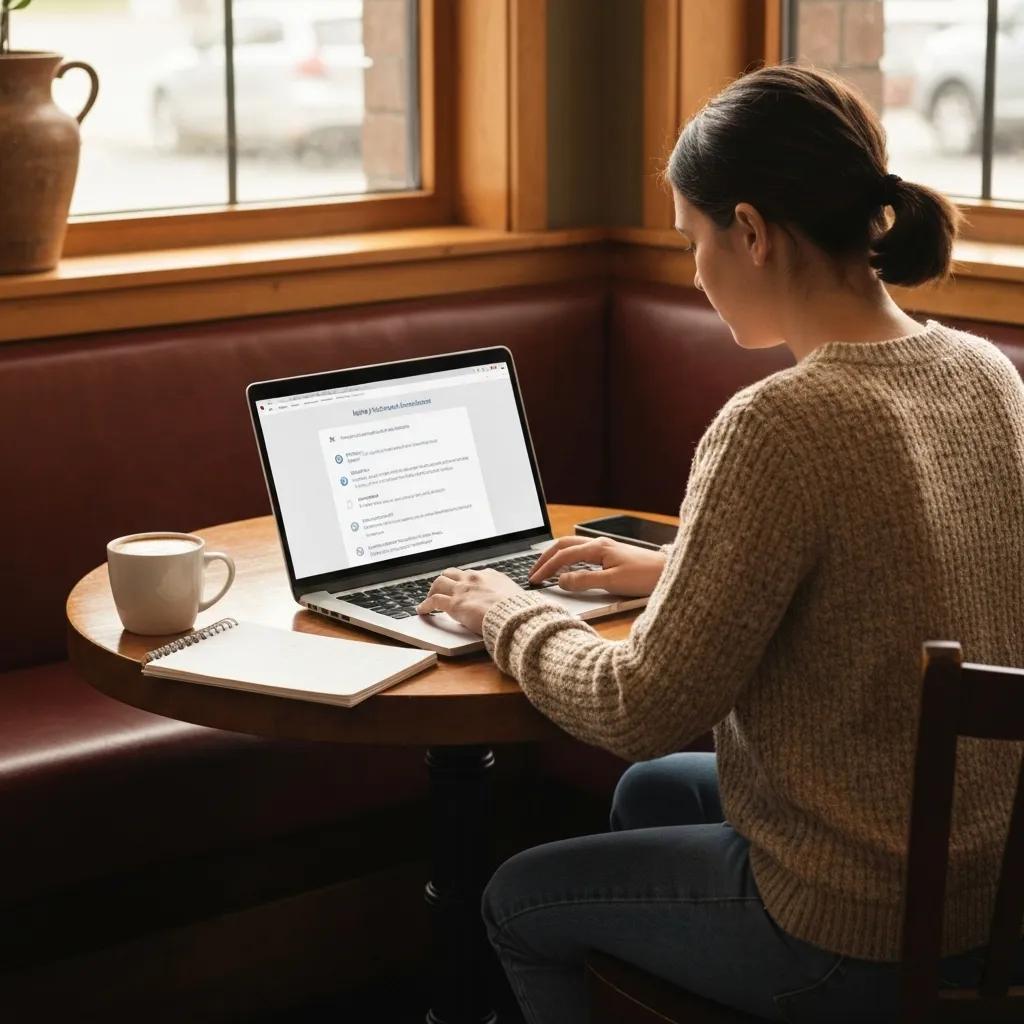Person using a writing assistant tool on a laptop in a cozy café setting