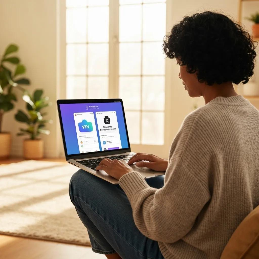 Cozy home environment showcasing online privacy protection tools and a person using a laptop