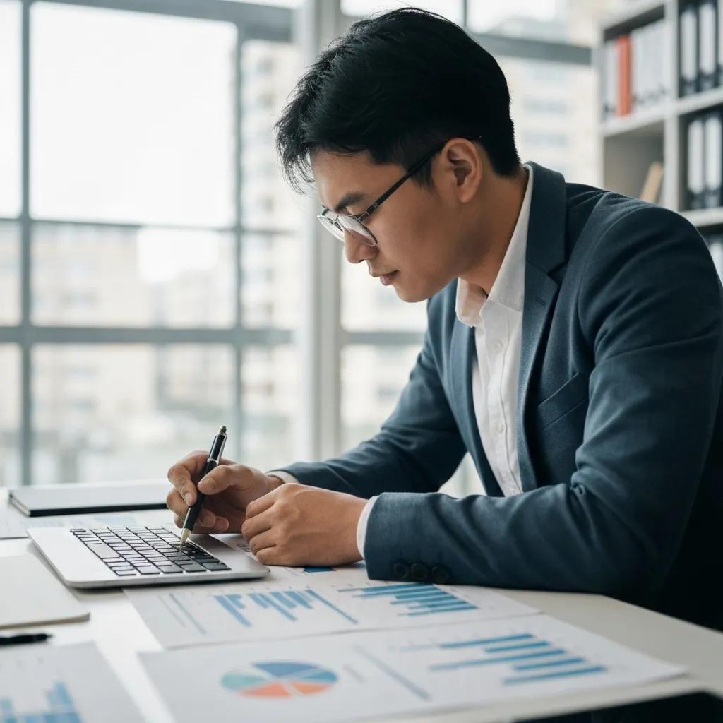 Researcher analyzing data in a professional office setting for opinion writing