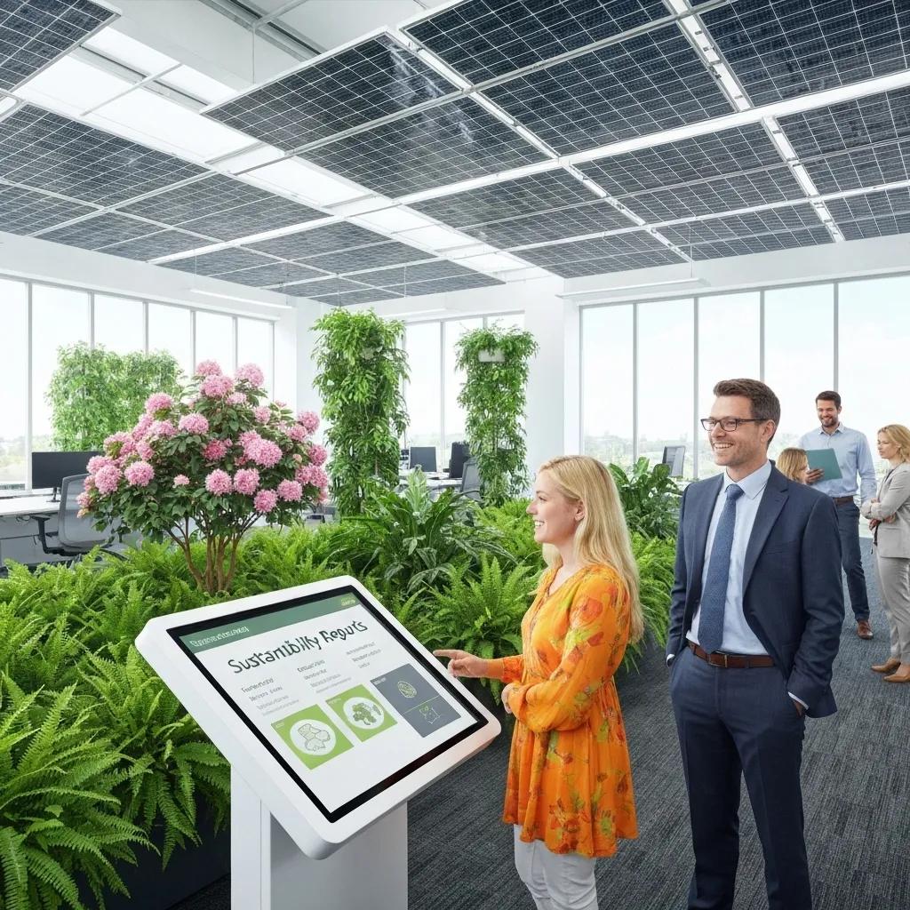 Corporate office showcasing sustainability efforts with green plants and solar panels