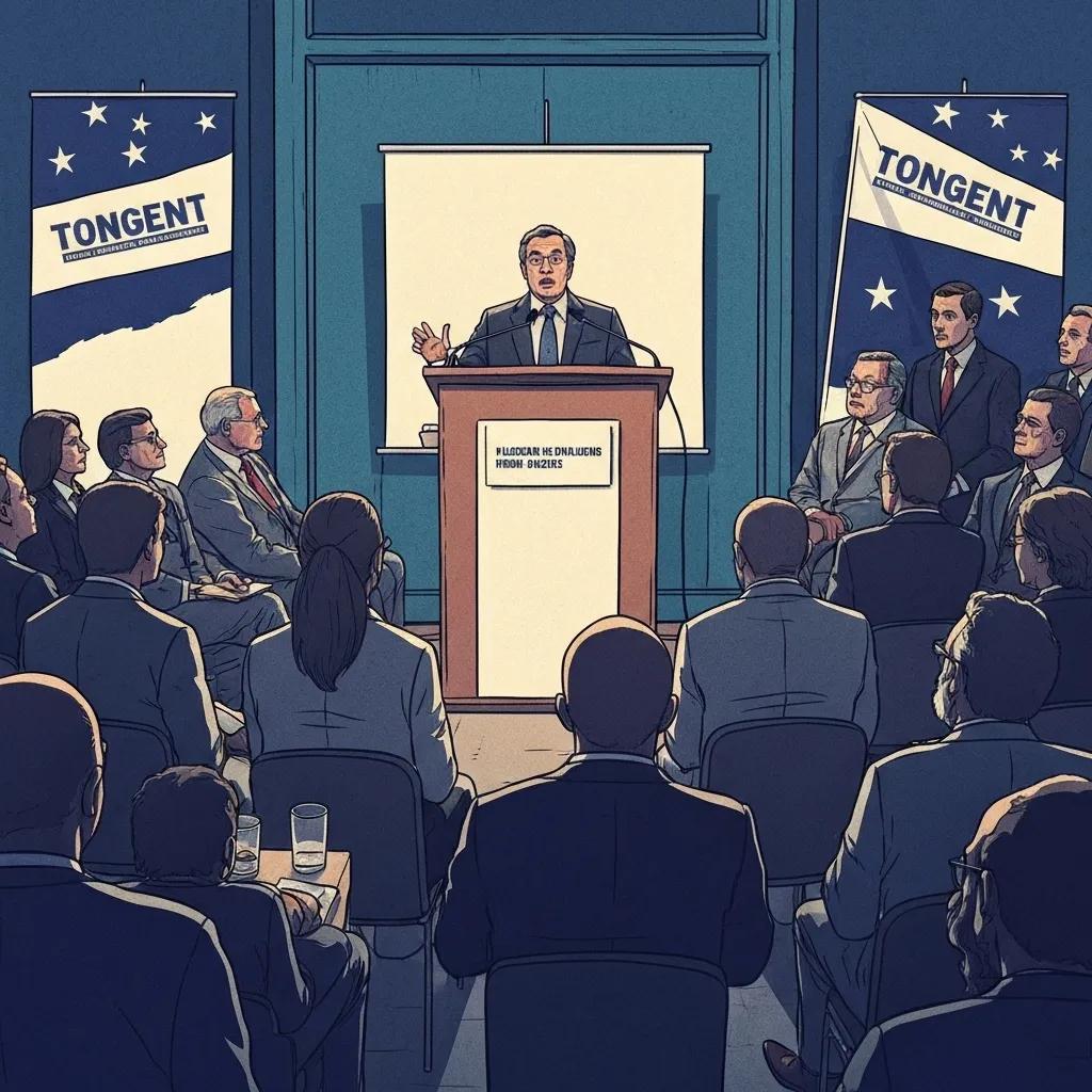 Public forum with a speaker discussing political opinion pieces and audience engagement