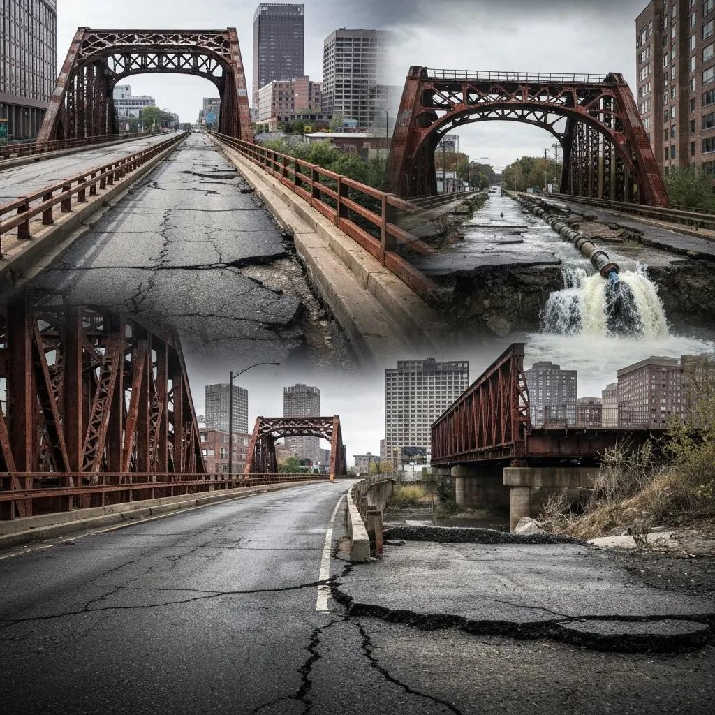 Crumbling urban infrastructure highlighting deteriorating roads and bridges
