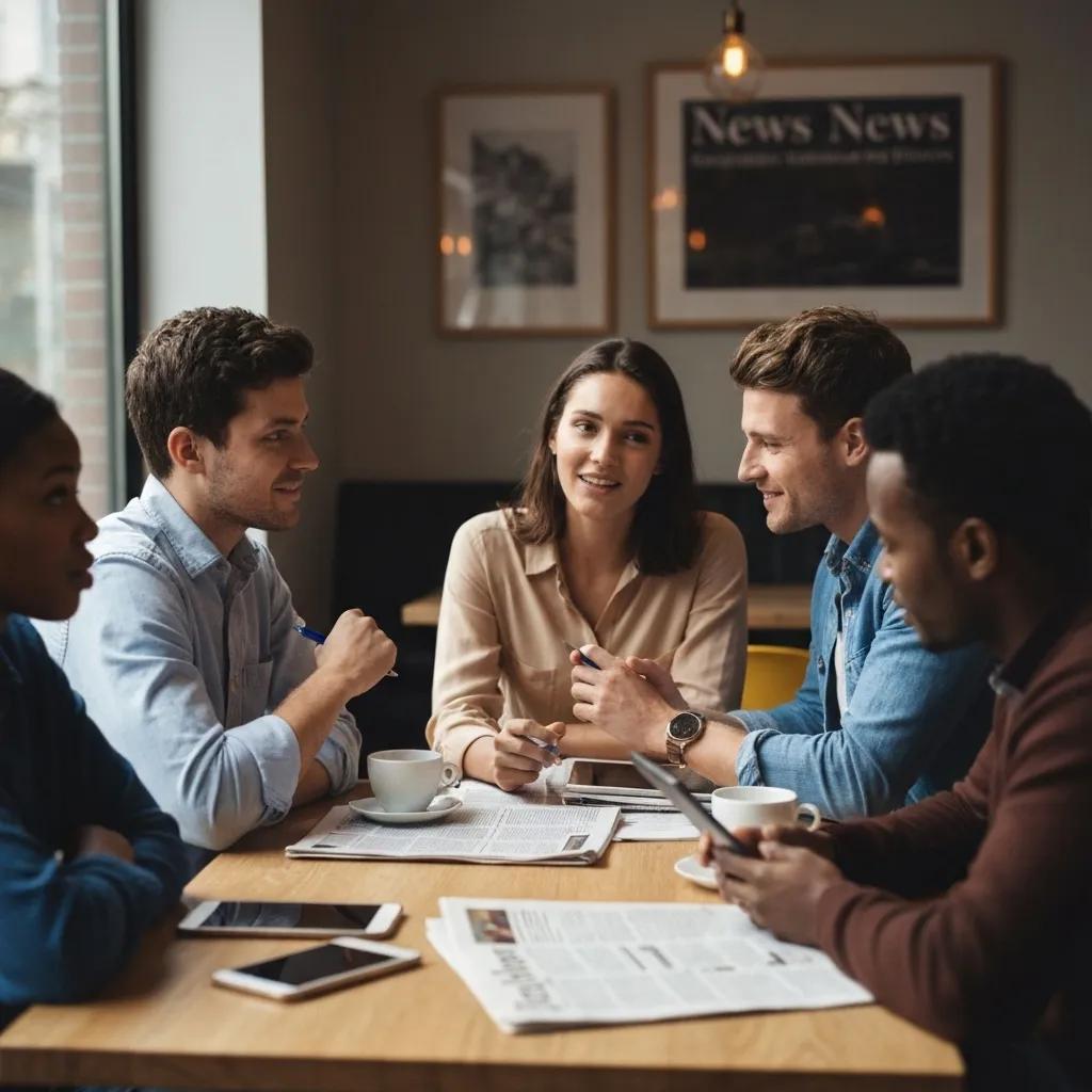 Diverse group discussing current news opinion pieces in a café setting