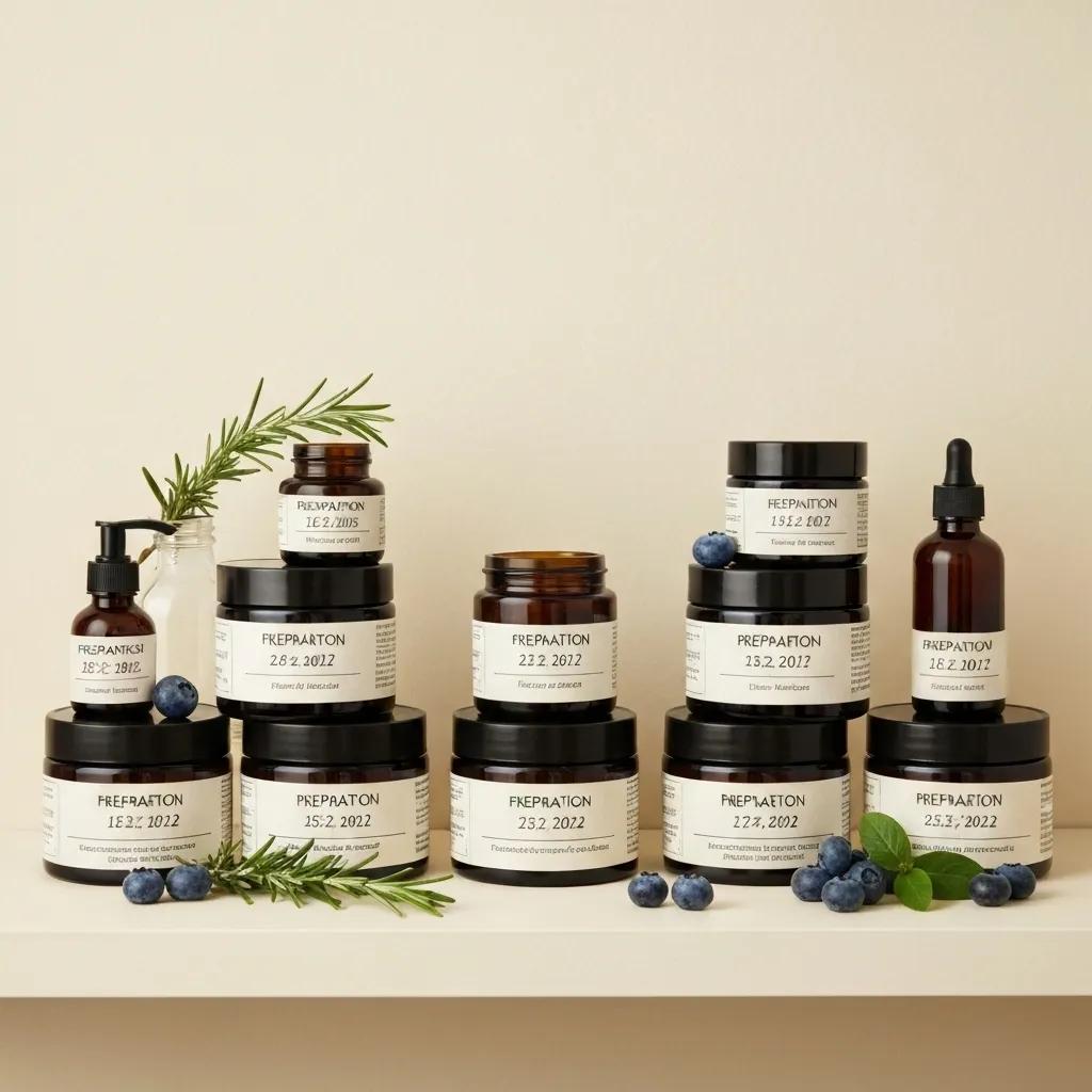Dark glass containers of natural skincare products organized on a shelf with fresh ingredients