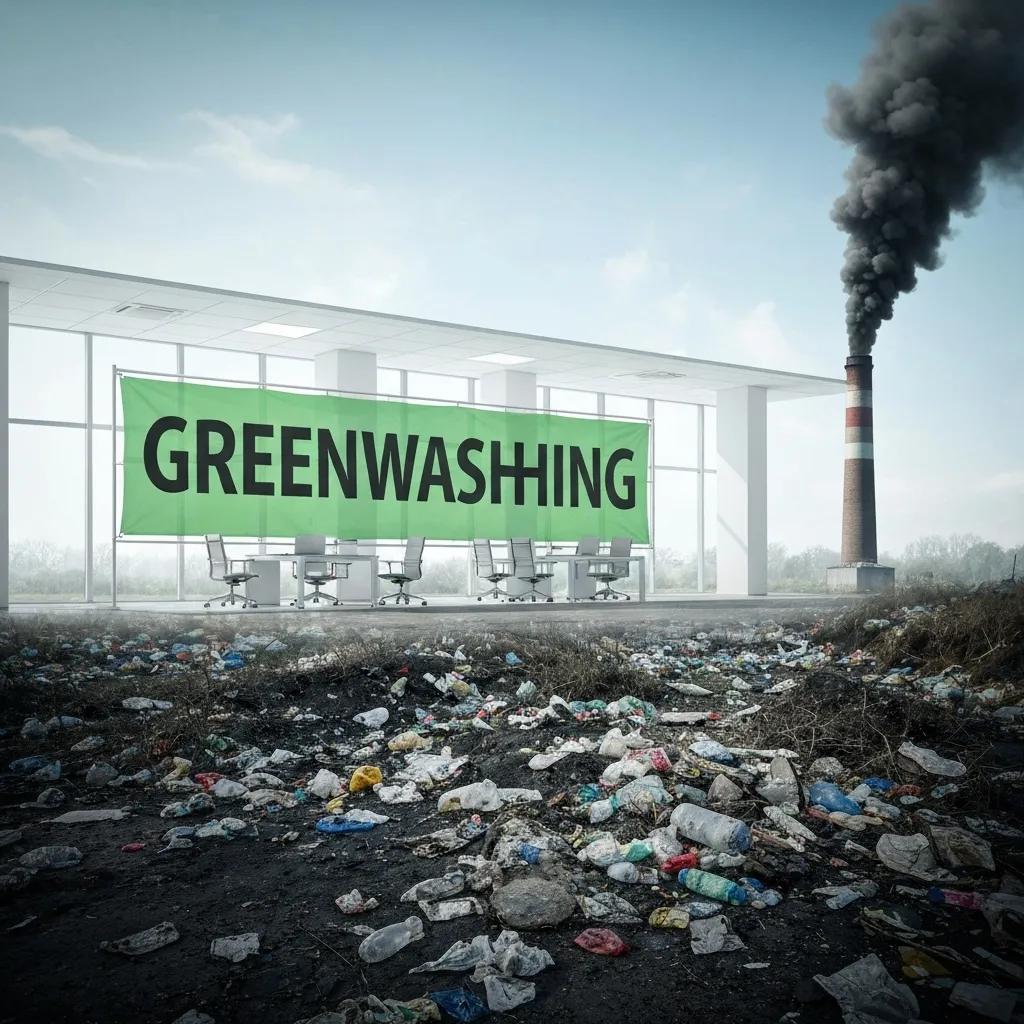 Corporate office promoting greenwashing contrasted with a polluted environment, illustrating deceptive conservation practices