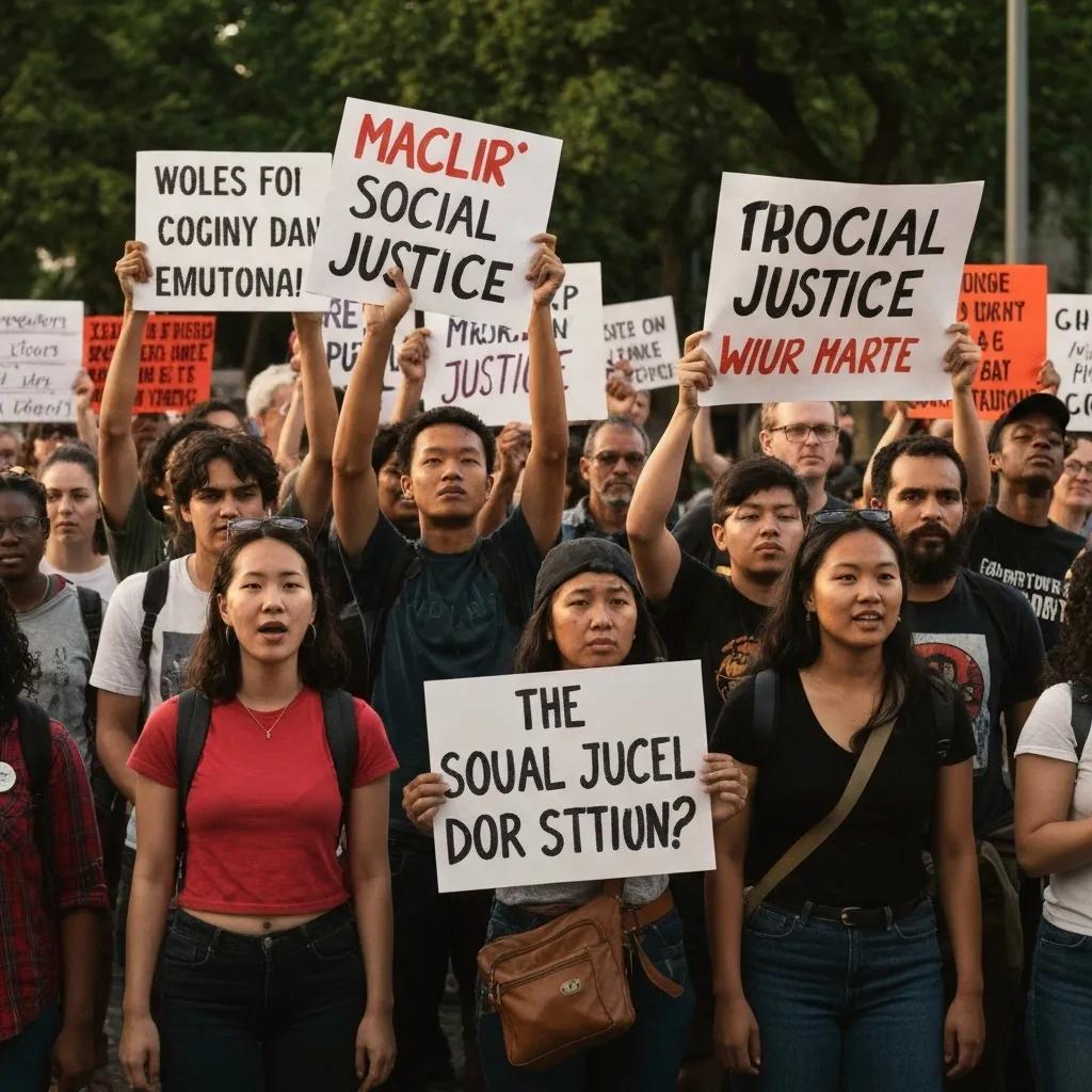 Diverse activists rallying for social justice, showcasing unity and determination