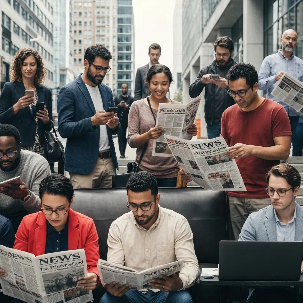 Diverse group of people engaging with news sources in an urban setting