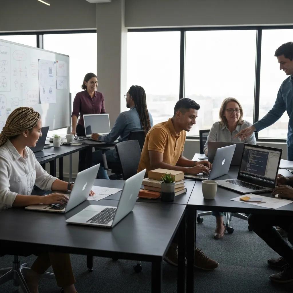 Diverse tech professionals collaborating in a modern startup office, representing innovation and teamwork