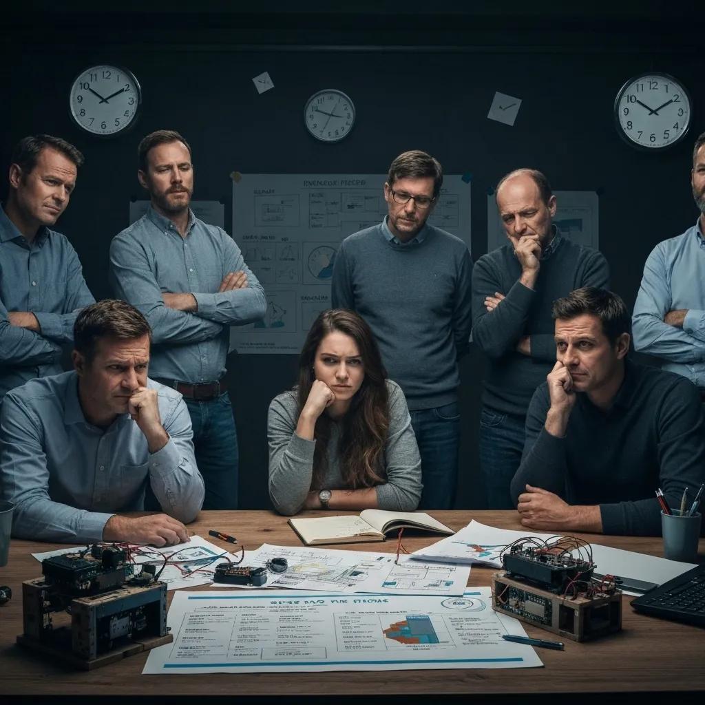 Frustrated startup team surrounded by stagnant project boards, highlighting signs of innovation stagnation