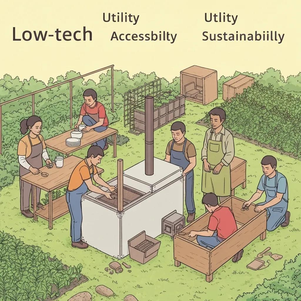 Illustration of low-tech principles in action, highlighting utility, accessibility, and sustainability