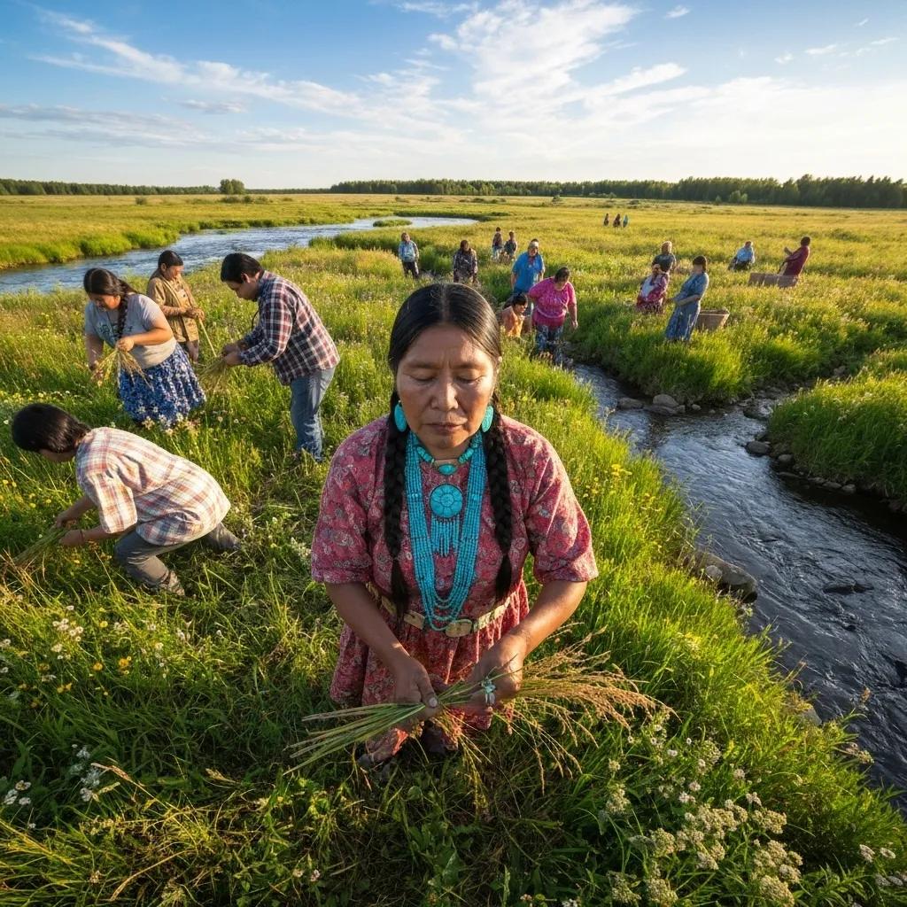 Indigenous community members participating in traditional food harvesting, highlighting cultural practices and community engagement