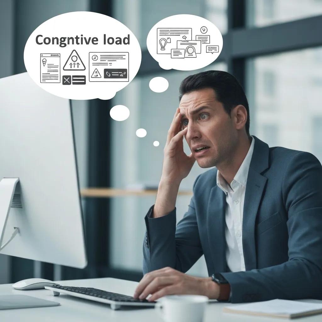 Individual overwhelmed by cognitive load while managing cybersecurity tasks at a computer