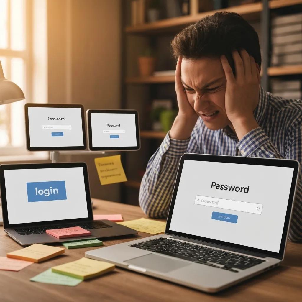 Person experiencing password fatigue at a cluttered desk with multiple devices and login screens