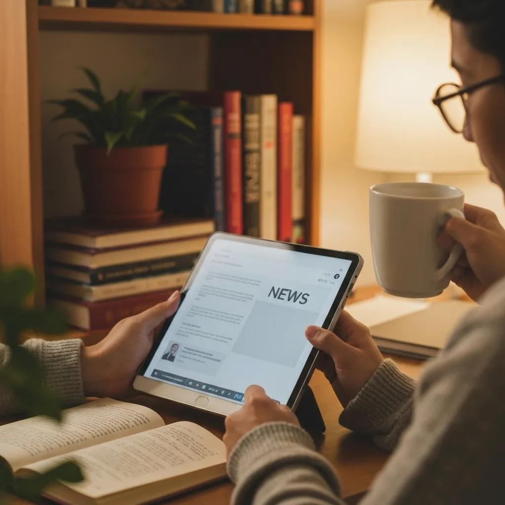 Person reading news on a tablet in a cozy home office setting