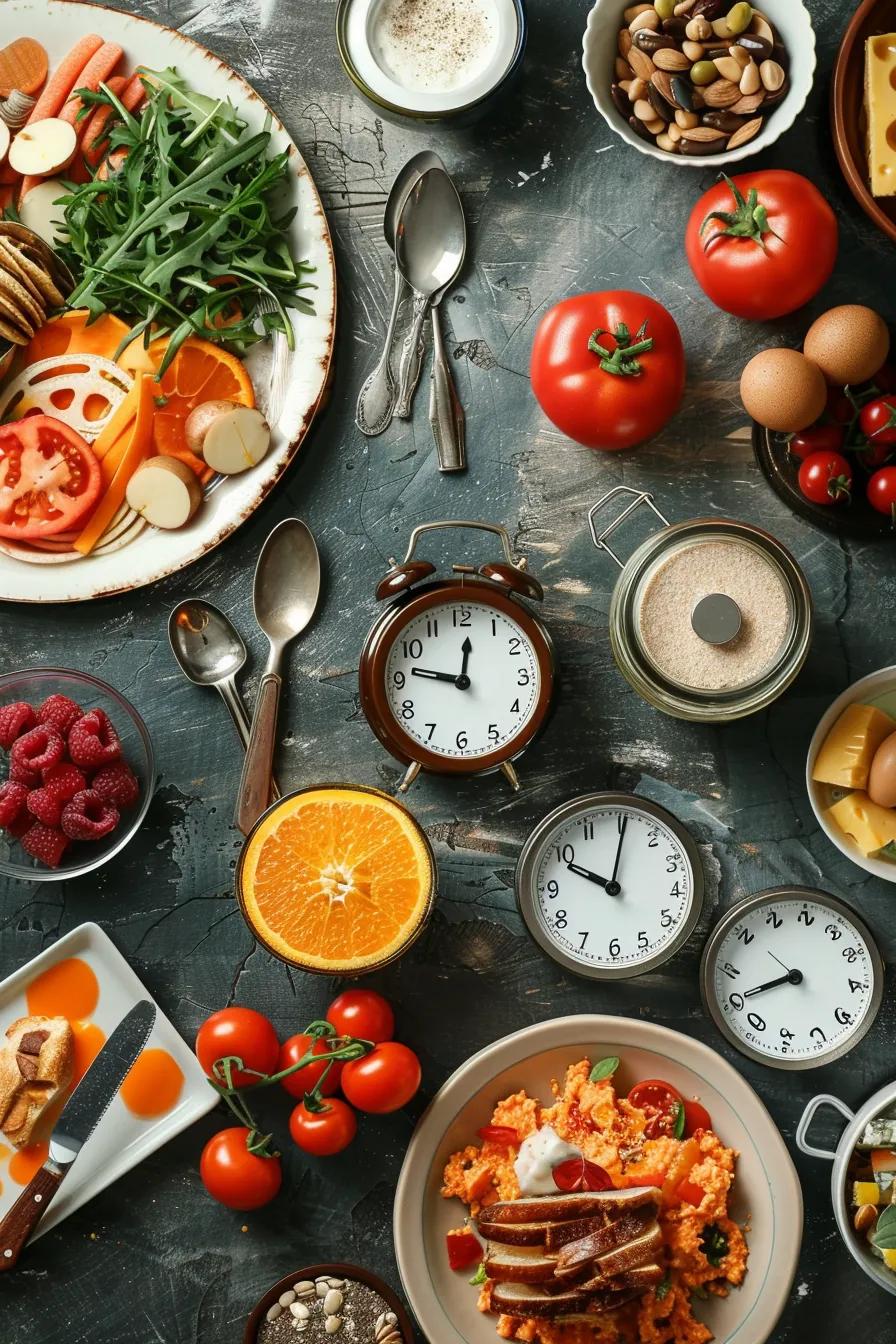 Visual representation of different intermittent fasting methods with clocks and healthy meals
