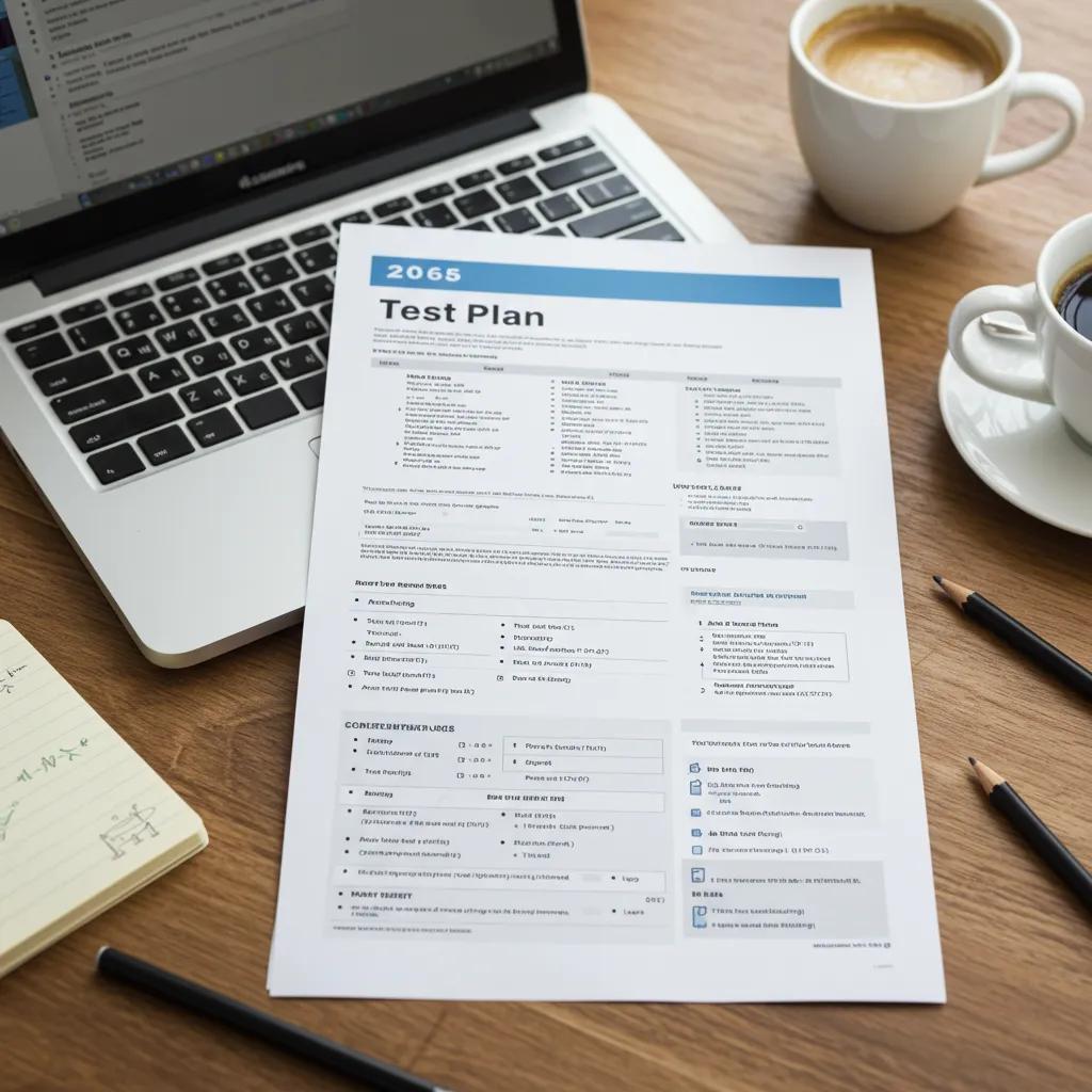 A structured test plan document on a desk, highlighting key components of quality assurance planning