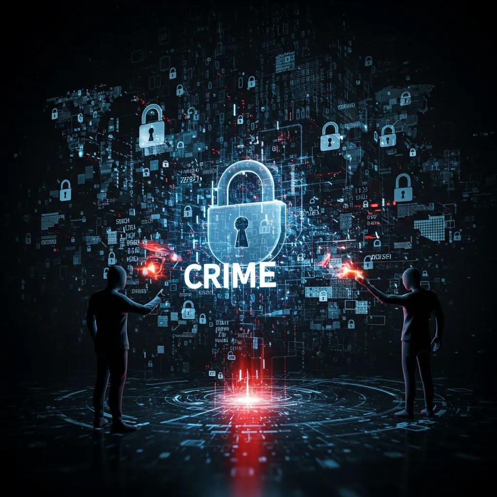 Abstract representation of digital crime with cyber elements and shadowy figures