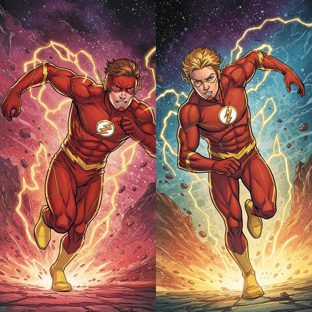 Barry Allen and Wally West racing, showcasing their speed feats and contrasting styles within the Speed Force