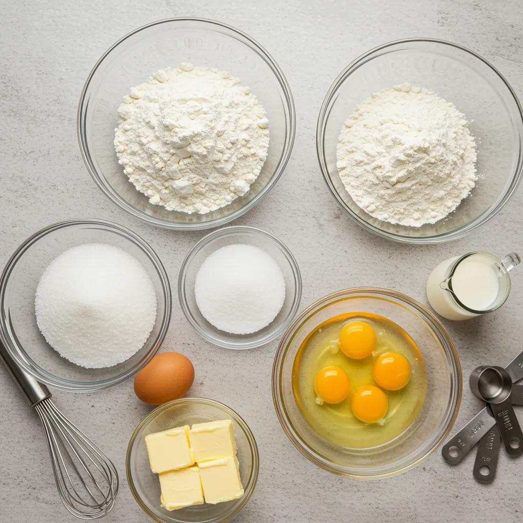 Basic ingredients for homemade donuts arranged in bowls on a kitchen countertop