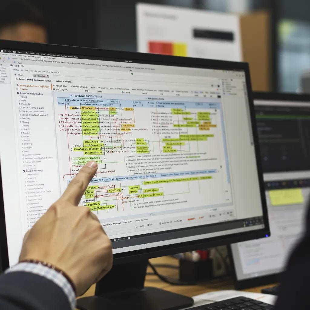 Close-up of a requirements traceability matrix on a computer screen, illustrating its role in software testing
