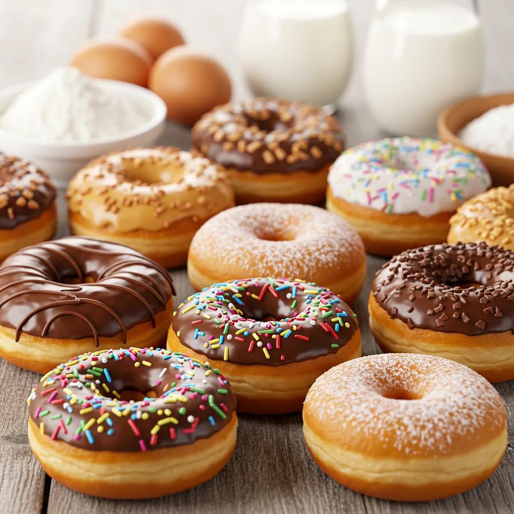 Colorful assortment of homemade donuts with various toppings on a wooden table