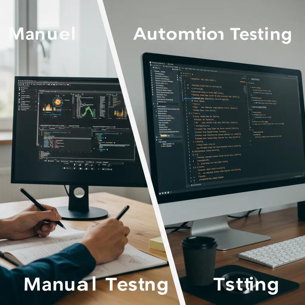 Comparison of manual testing and automation testing with a person analyzing software and a computer running scripts