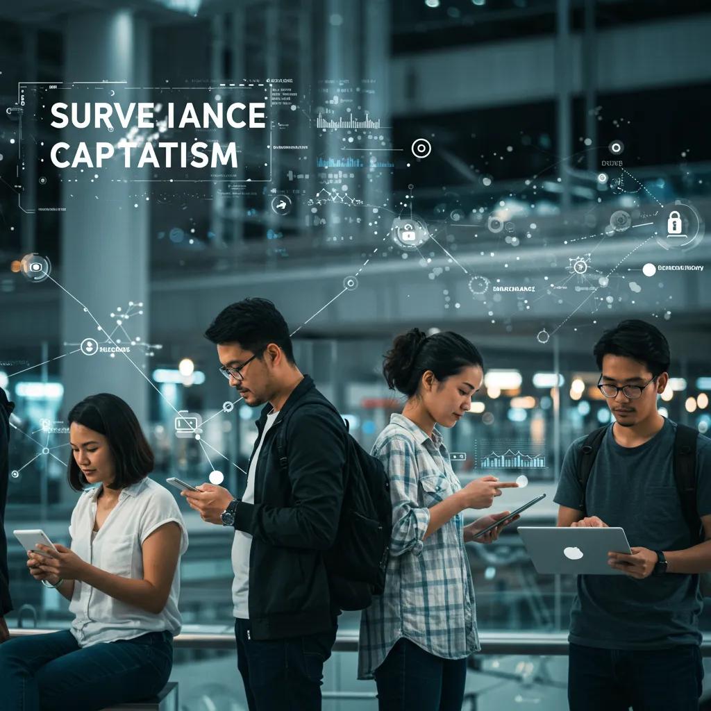 Diverse individuals engaging with digital devices in an urban environment, symbolizing surveillance capitalism and data exchange