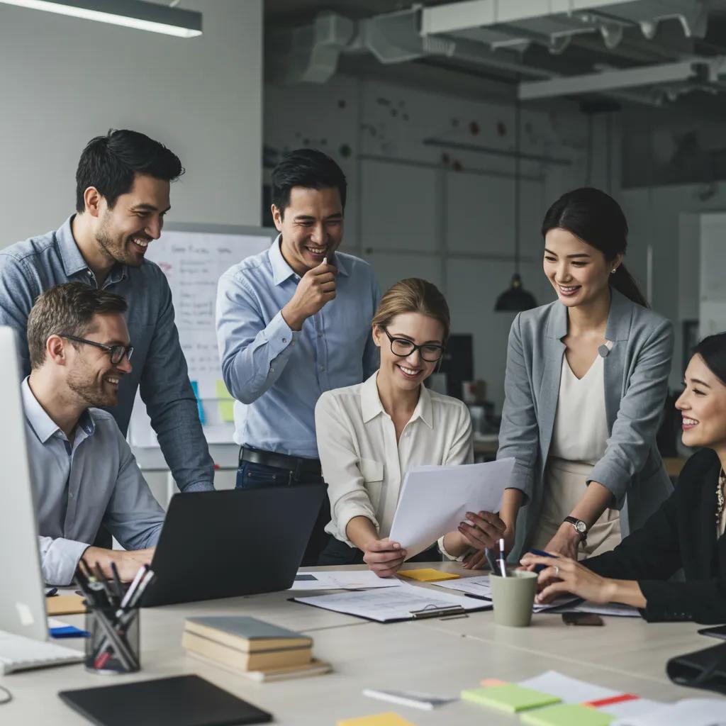 Diverse professionals collaborating in an office, emphasizing teamwork and knowledge sharing