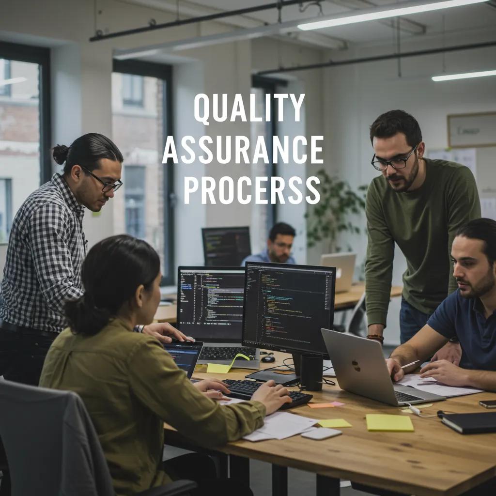 Diverse software development team collaborating on quality assurance in a modern office