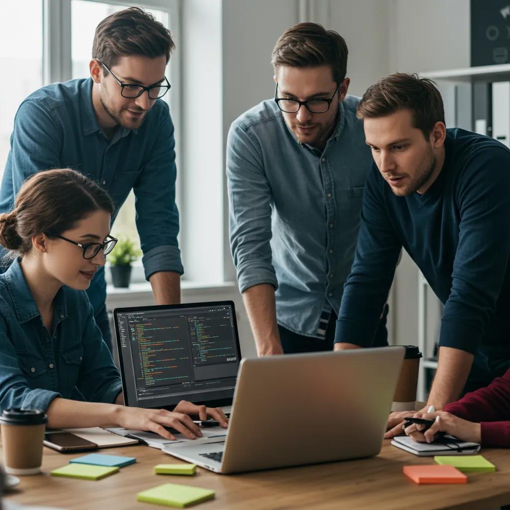 Diverse software testers collaborating on test scenarios in a modern office