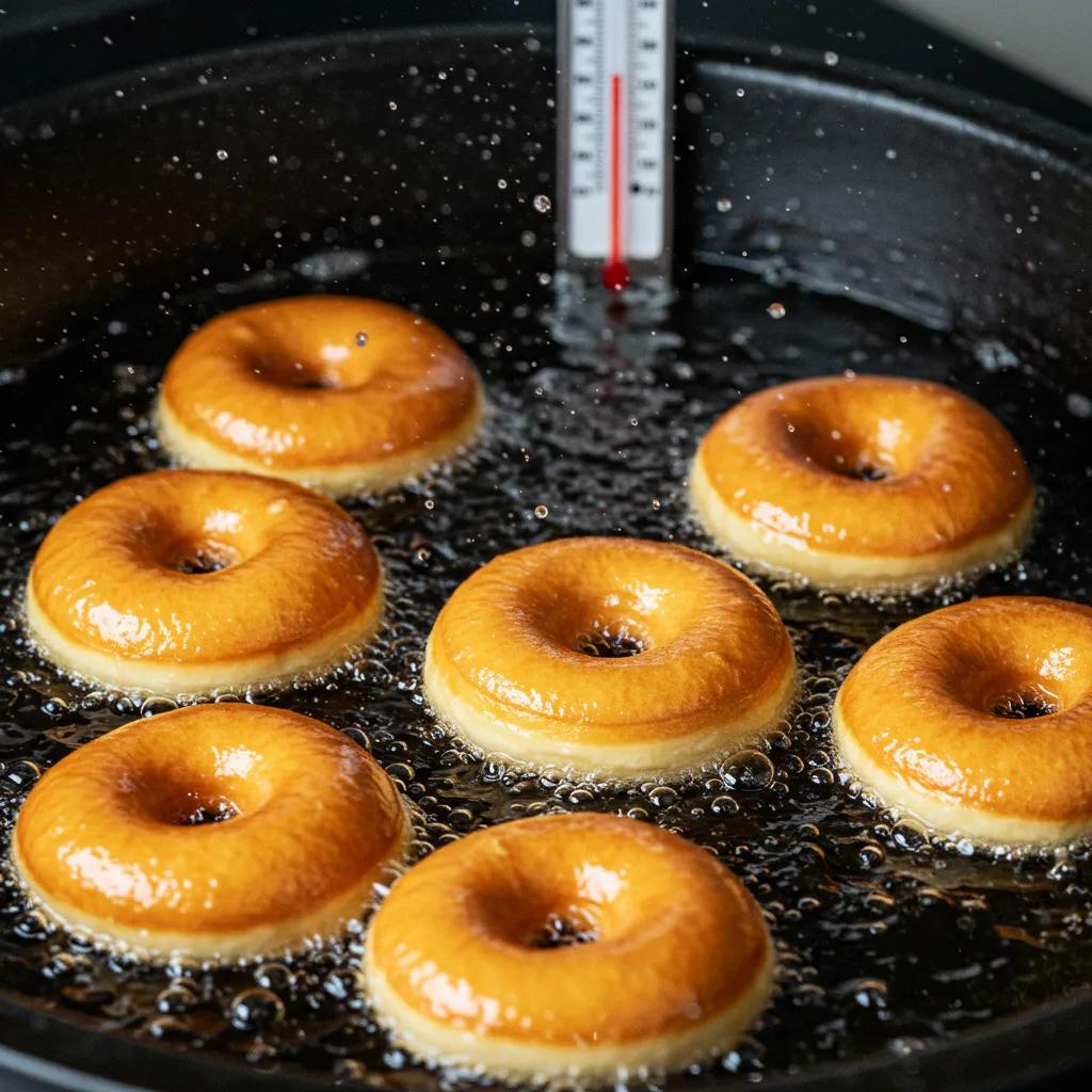 Donuts frying in hot oil, showcasing golden-brown color and bubbling action