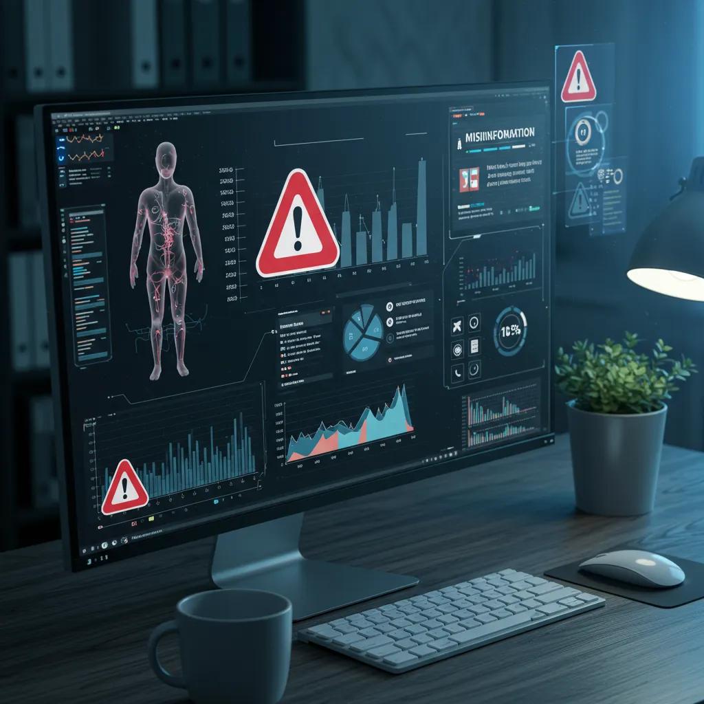 Futuristic AI interface analyzing health data to combat misinformation in a modern tech workspace